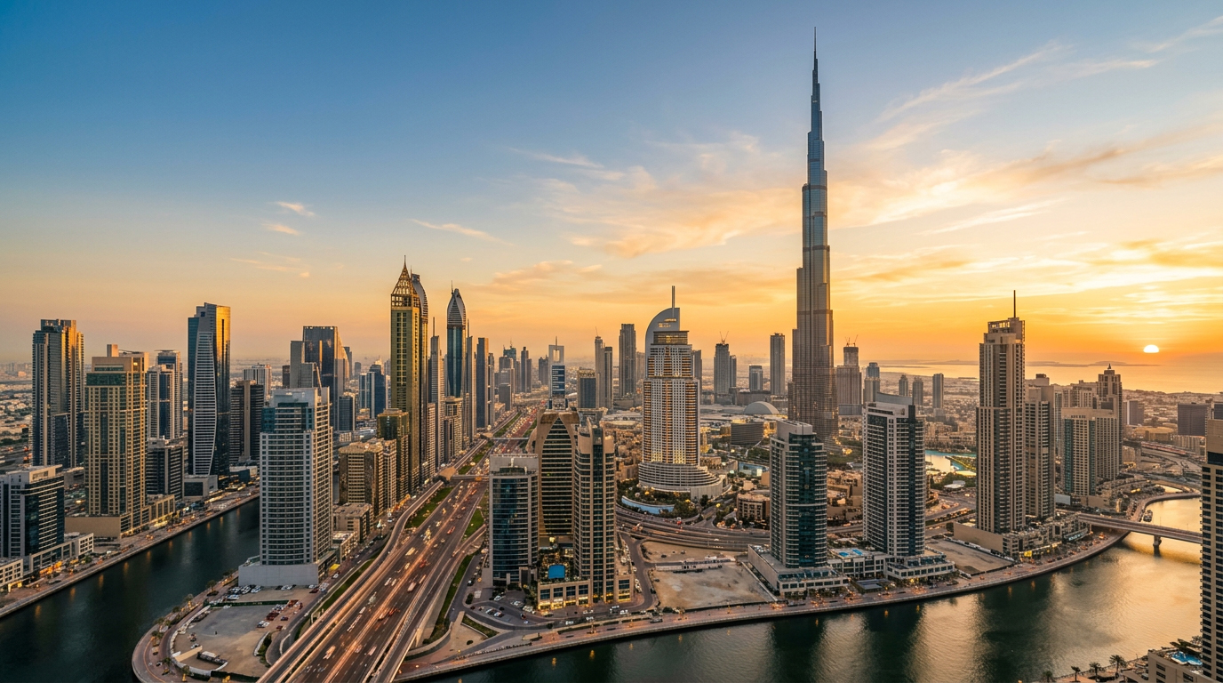 Dubai skyline at golden hour featuring the Burj Khalifa